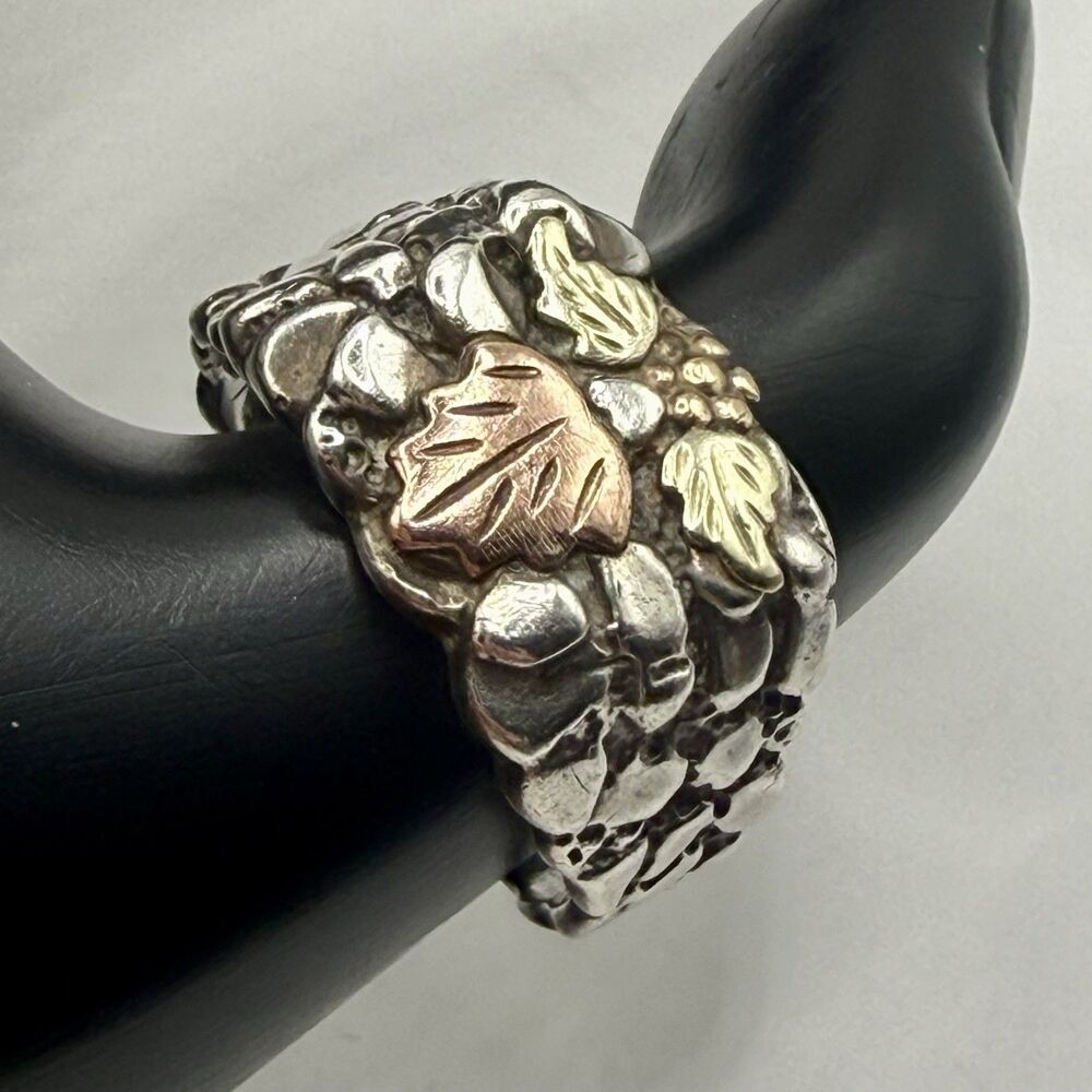Vintage Black Hills Gold 925 Sterling 12k Gold Leaves Grape Vine Nugget Ring 11
